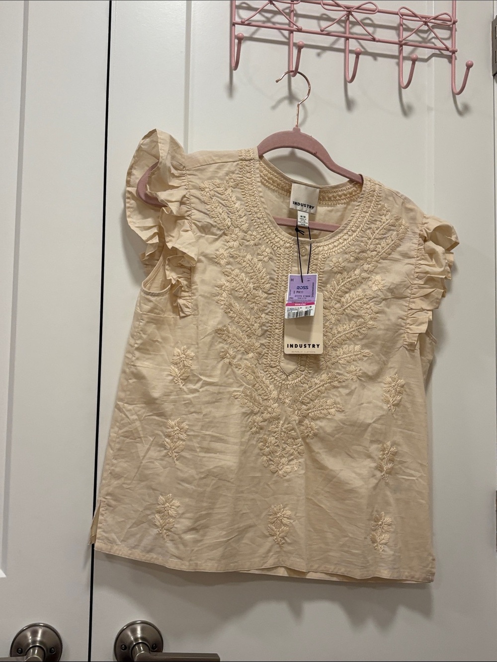 Women’s Cream Embroidered Ruffle Sleeve Top